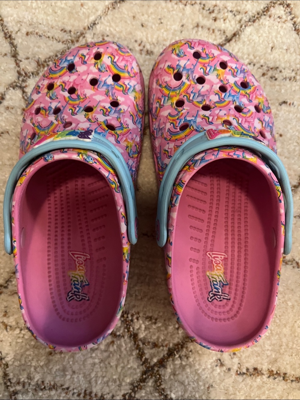 CROCS Pink Unicorn Pattern Clogs with Light Blue Heel Strap